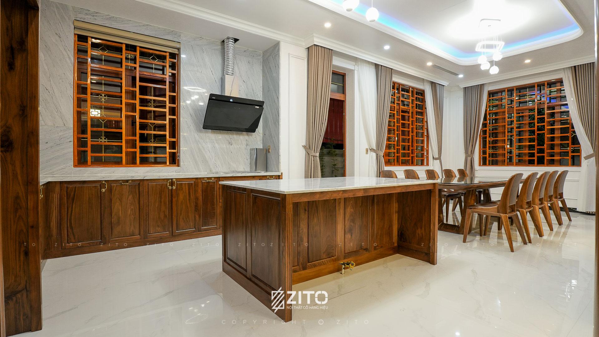 Mẫu bàn đảo gỗ óc chó phong cách Tân cổ điển